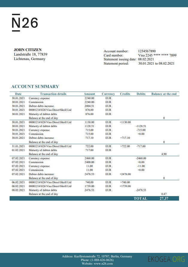 Banque N26 Allemagne Excel